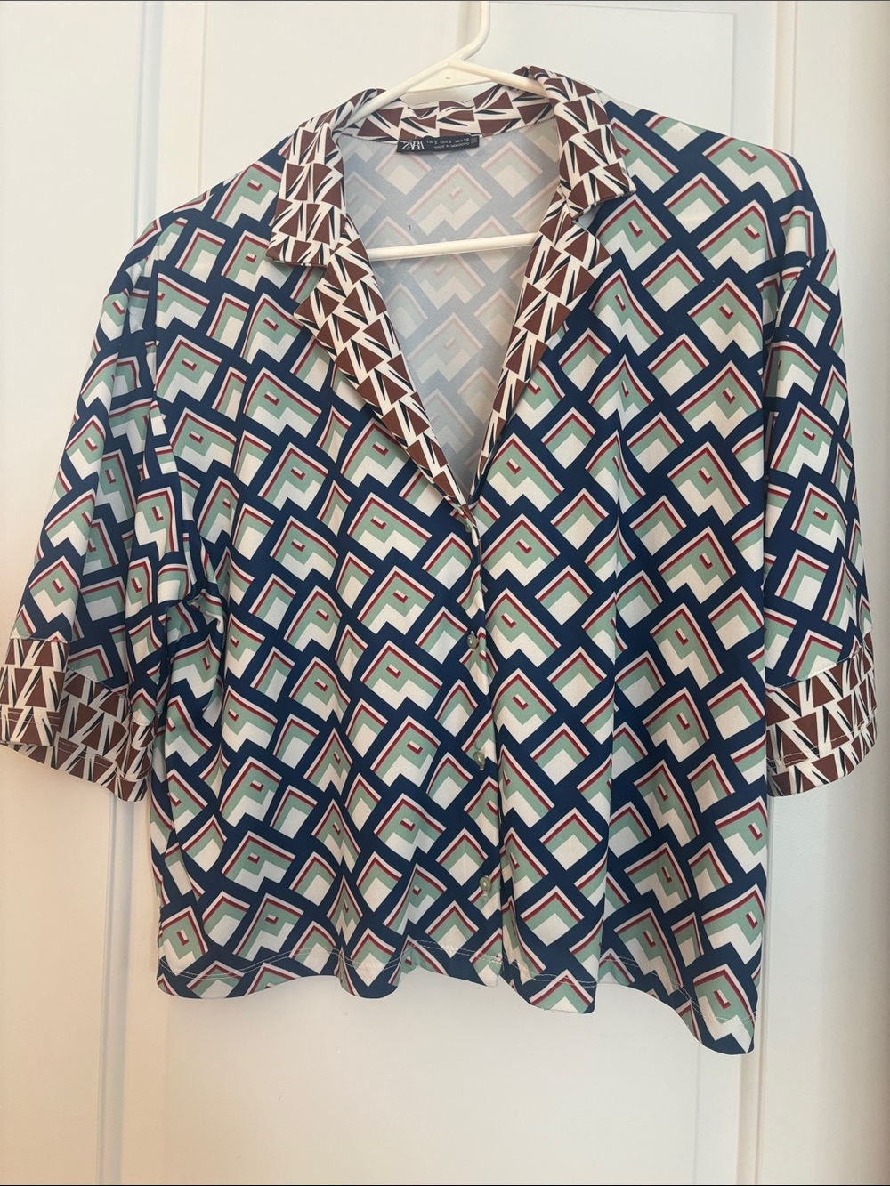Zara Navy and Mint Geometric Button-Down Shirt